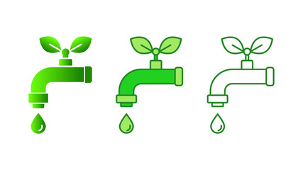 Green faucet with leaves. Save water concept. Tap with a leaf and a drop of water. World Water Day. Protect natural resources. Line, glyph and gradient icon. Vector illustration, flat, clip art. 