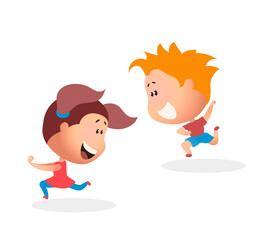 Children playing tag game, vector cartoon art