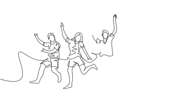 Animation of one line drawing of young male and female jumping together to celebrate their vacation. Traveling holiday concept. Continuous line self drawing animated illustration. Full length motion.