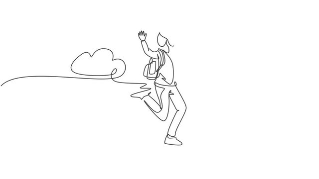 Animation of one line drawing of female college student jumping to celebrate her final exam result while hold books. Education concept continuous line self drawing animated. Full length motion.