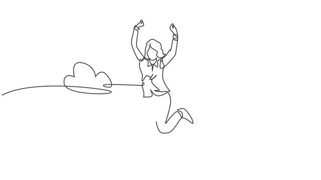 Self drawing animation of single line draw businesswoman jumping and raise hands into the air celebrate a success. Celebration concept. Continuous line self drawing animated. Full length motion.