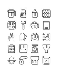 Kitchen equipment icon set. Utensil and cookware for cooking. Orange juicer, spice jar, muffin pan, cooking book, and more. Vector illustration, outline style, editable stroke, pixel perfect 48x48. 
