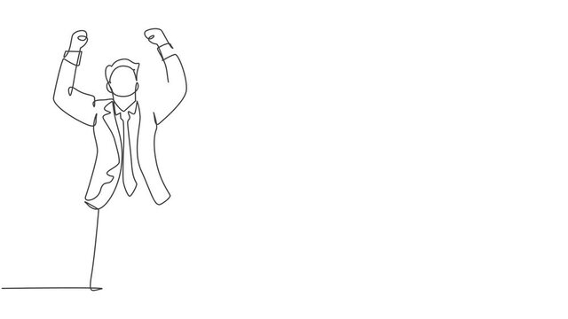 Self drawing animation of one single line draw CEO standing and fist his hands to the air to celebrate new funding from investor. Business funding concept continuous line draw. Full length animated.