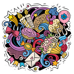 Happy Birthday vector doodles illustration.