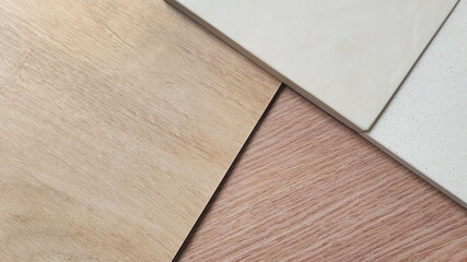 close up interior material board including oak wooden laminated, light oak vinyl flooring tile,...