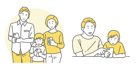 Naklejka premium 子どもにスマートフォンをもたせる家族のイラスト
