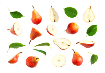 Obraz premium Red ripe juicy pear and green leaves isolated on white background. Sweet whole pears and sliced. Summer healthy organic fruits, food, harvesting. Pear collection. Fruit set for your design