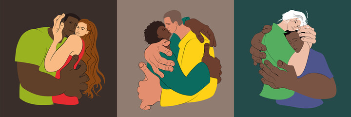 Hugging man and woman. Lovers. Embrace one another. Character design. Set collection. Flat Vector Illustration.