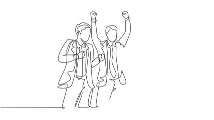 Animated self drawing of one continuous line draw start up founders and CEO raised their fist into the air to celebrate got fund from investor. Business concept. Full length single line animation.