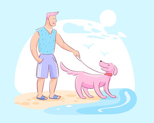 Man character in shorts and a T-shirt happily walks with a dog on the beach, friendship between a person and a pet. concept of recreation and spending time together with puppy color vector image