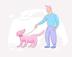 A man walks his beloved dog on the street. The concept of happiness and healthy relationships. Color vector illustration concept.