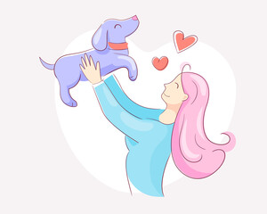 Sweet girl raised joyful puppy above his head. Cute human to pet friendship with heart symbols. Vector illustration about love for animals.
