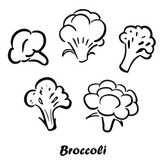 Vector set of 5 hand drawn broccoli. Organic eco food. Black and white sketch style illustration. Cartoon doodle design.