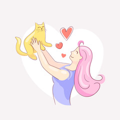 A sweet girl raised a joyful cat above her head. Good human pet friendship with heart symbols. Vector illustration about love for kittens.