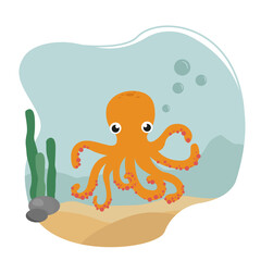 Octopus under the sea. Cute cartoon sea animal.