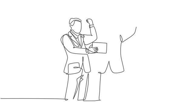 Animated self drawing of one continuous line draw businessman hugging his friend to celebrate their successive business deal. Business contract success concept. Full length single line animation.