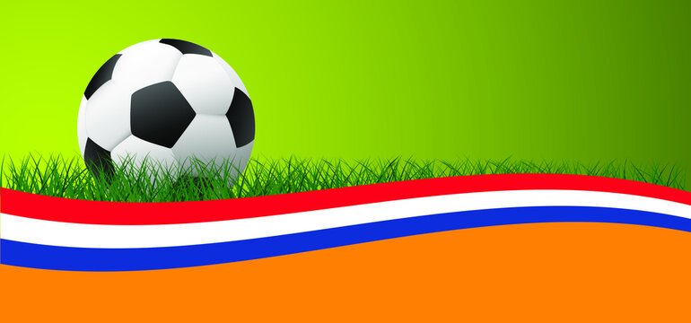 the Netherlands, Dutch flag. Soccer green, orange football grass field. Flat vector background banner for EK, WK play model. Sport finale game. Team sports. Foot ball sign. Holland. 2020, 2021, 2022