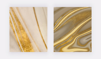 Golden glitter liquid marble wall art prints. Abstract vector backgrounds