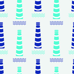 Seamless vector repeat pattern with a lighthouse on white background