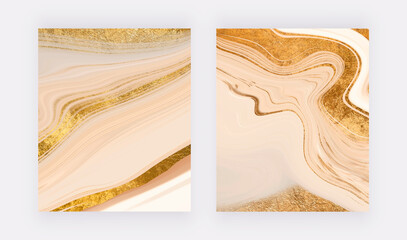 Luxury wall art prints with gold glitter liquid marble texture. Abstract vector backgrounds