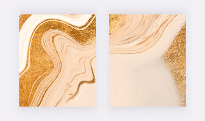 Luxury wall art prints with gold glitter liquid marble texture. Abstract vector backgrounds
