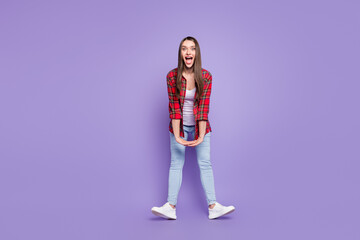 Fototapeta na wymiar Full body photo of cute brunette hairdo young lady hold hands yell wear red shirt jeans isolated on purple color background