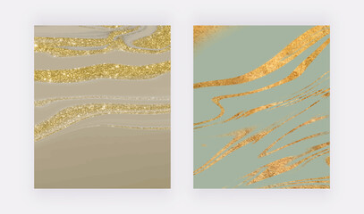 Green with golden glitter liquid marble wall art prints. Abstract vector backgrounds
