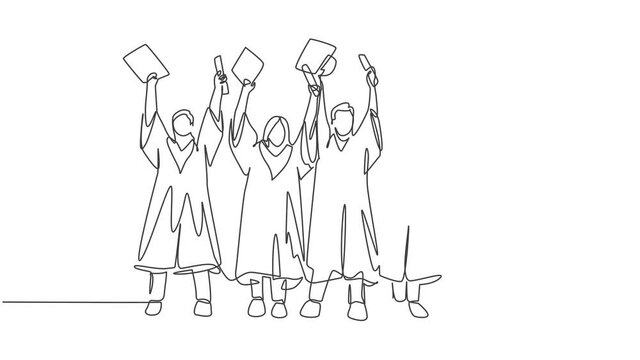 Self drawing animation of one single line draw male and female college student lift up their cap to the air to celebrate their graduation. Education concept continuous line draw. Full length animated.