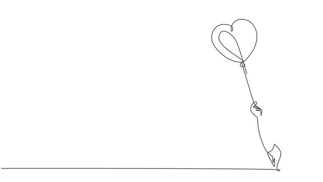 Animated self drawing of one continuous line draw young happy girl holding a couple cute heart shaped balloon tightly. Romantic wedding invitation card concept. Full length single line animation.