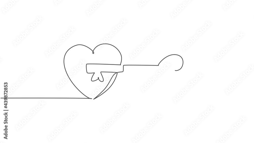 Poster animated self drawing of single continuous line draw pair heart shaped key and keyhole fit on puzzle