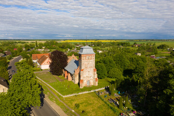 Fototapeta na wymiar Gross-Legitten Evangelical Lutheran Church in the Nekrasovo village, Kaliningrad Region, drone view