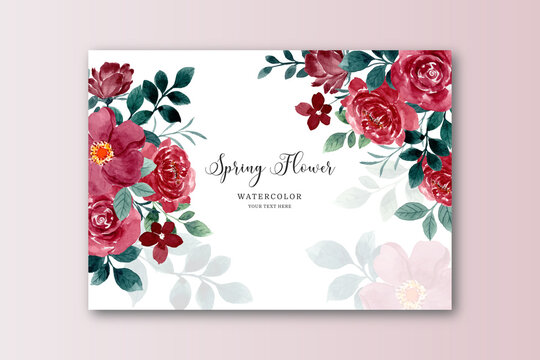 Spring red flower frame background with watercolor