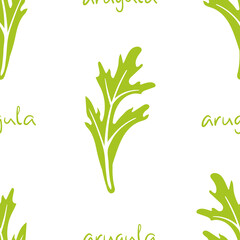 Seamless pattern with arugula, rocket salad. Colorful paper cut culinary herbs isolated on white background. Doodle hand drawn vector illustration
