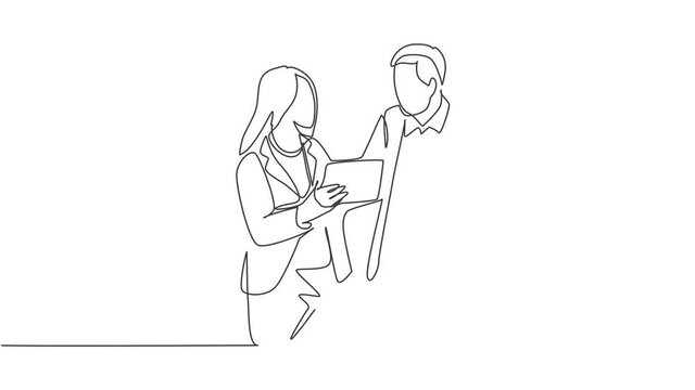 Animated self drawing of single continuous line draw male and female managers discussing strategic planning to increase company profit. Business growth concept. Full length one line animation.