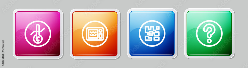 Poster set line meteorology thermometer, microwave oven, qr code and unknown search. colorful square button
