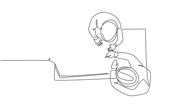 Animated self drawing of one continuous line draw architect and construction builder discussing blueprint building design from top view. Home architecture concept. Full length single line animation.