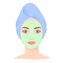 Young white woman with cosmetic mask and towel on head. Skincare procedures at home. Cosmetic clay or sheet mask. Vector