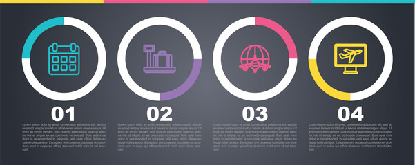 Set line Calendar and airplane, Scale with suitcase, Globe flying and Plane. Business infographic template. Vector