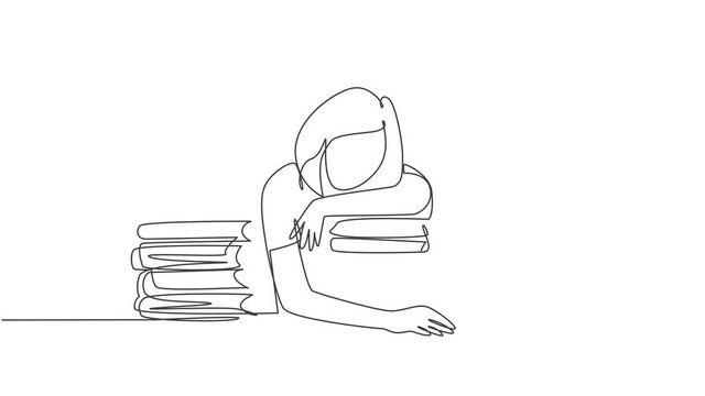 Self drawing animation of one single line draw young bored female college student fall asleep on pile of books while studying at library. Learning concept. Continuous line draw. Full length animated.