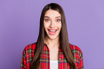 Photo of funny brunette hairdo millennial lady open mouth wear red shirt isolated on purple color background