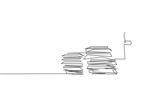 Animated self drawing of single continuous line draw stressful finance manager facing pile of document papers on his desk office. Work overload project concept. Full length one line animation.