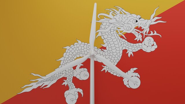 Large wind turbine in center with a background of the country flag of Bhutan
