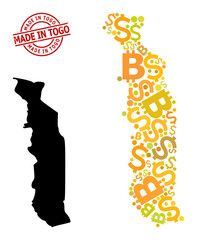 Scratched Made in Togo stamp seal, and finance collage map of Togo. Red round stamp seal contains Made in Togo text inside circle. Map of Togo collage is designed with money, funding,