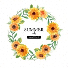 summer sale banner with watercolor floral wreath