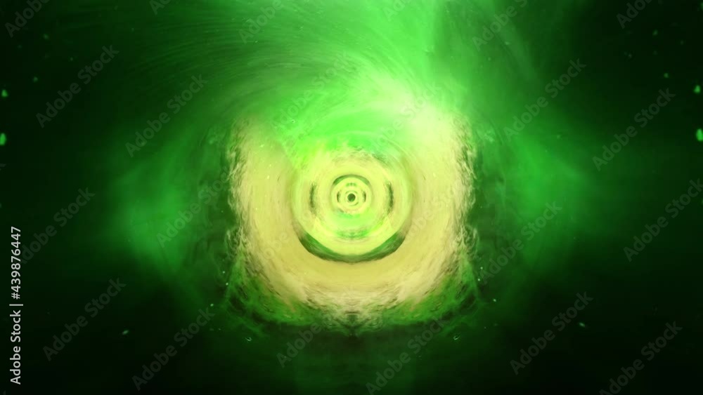 Poster abstract 4k 3d cgi seamless loop black hole with glow green yellow plasma energy cloud nebula. loop 