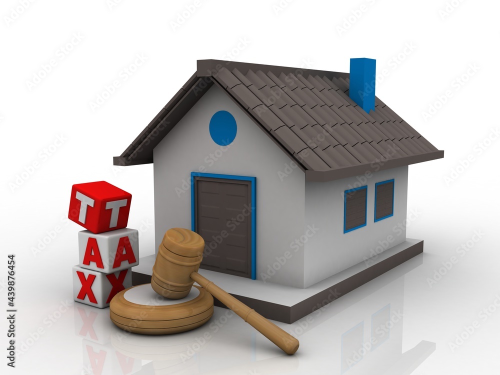 Poster 3d rendering house and tax cube