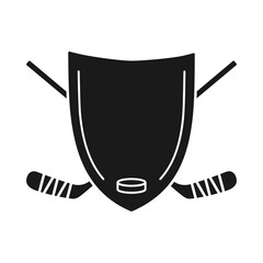 Ice hockey sticks and hockey puck with shield for logo in vector icon