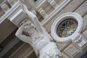 Sculpture closeup on old building facade in St. Petersburg, Russia
