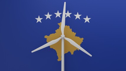 Large wind turbine in center with a background of the country flag of Kosovo