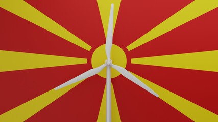 Large wind turbine in center with a background of the country flag of Macedonia